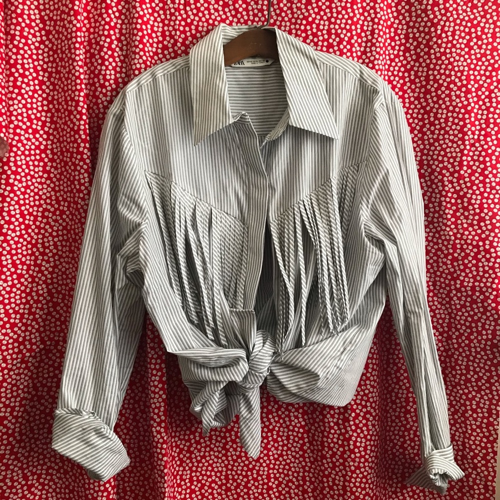NWOT Zara fringe striped button down shirt